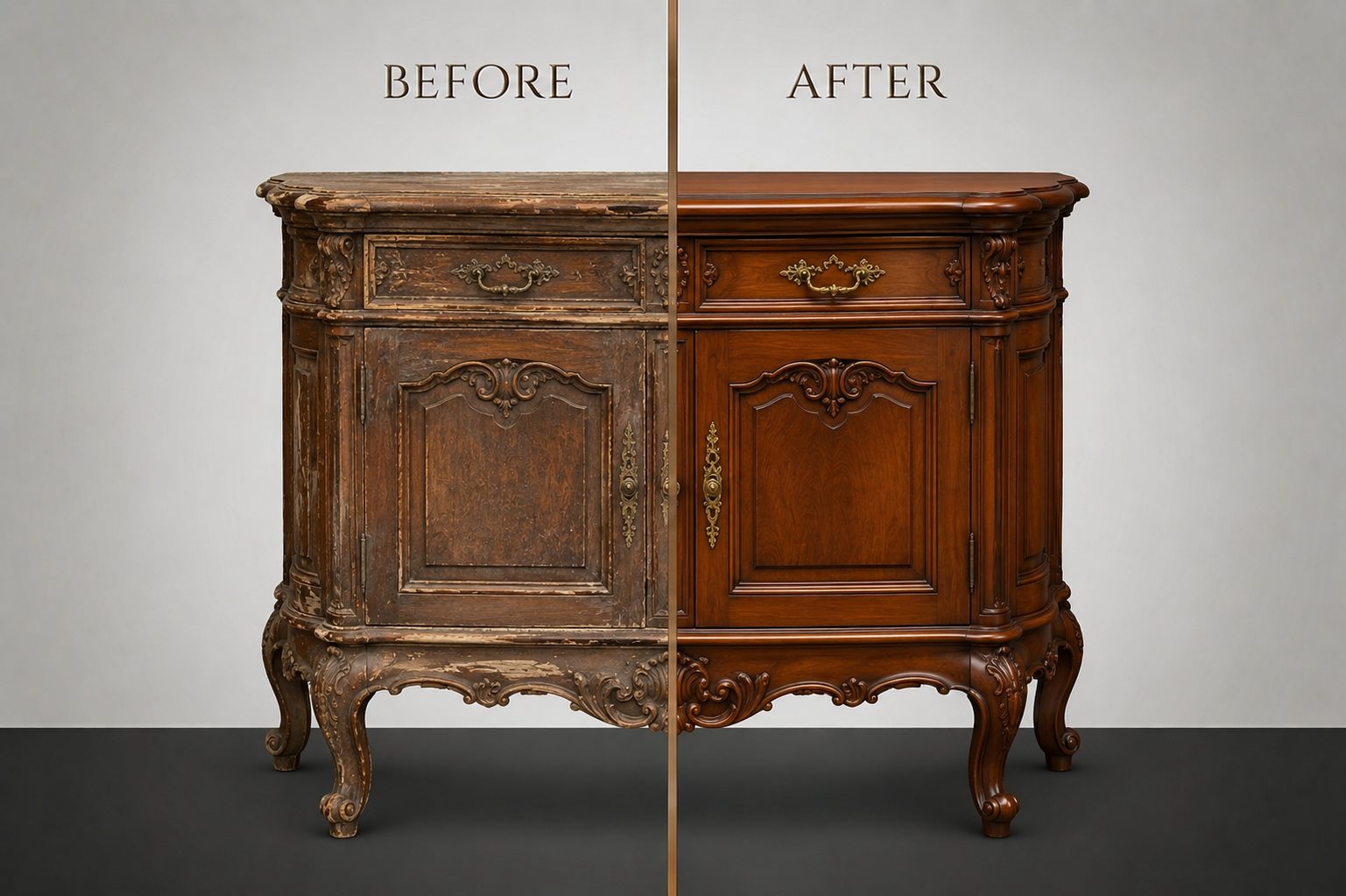 Antique furniture before and after laser cleaning