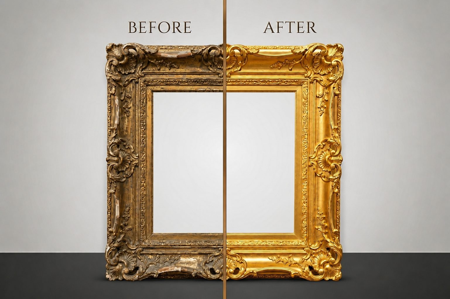 Ornate frame before and after laser cleaning