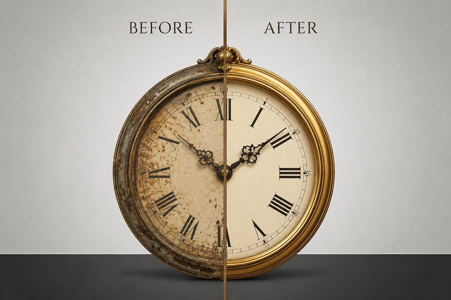 Antique clock before and after laser cleaning
