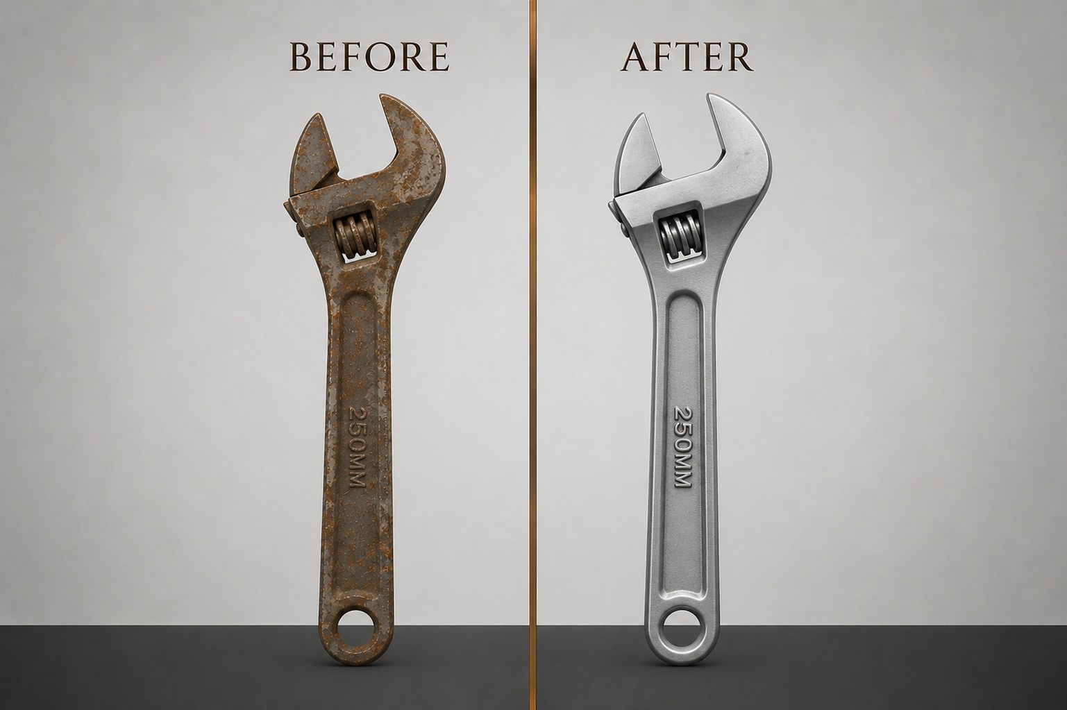 Metal tools before and after laser cleaning