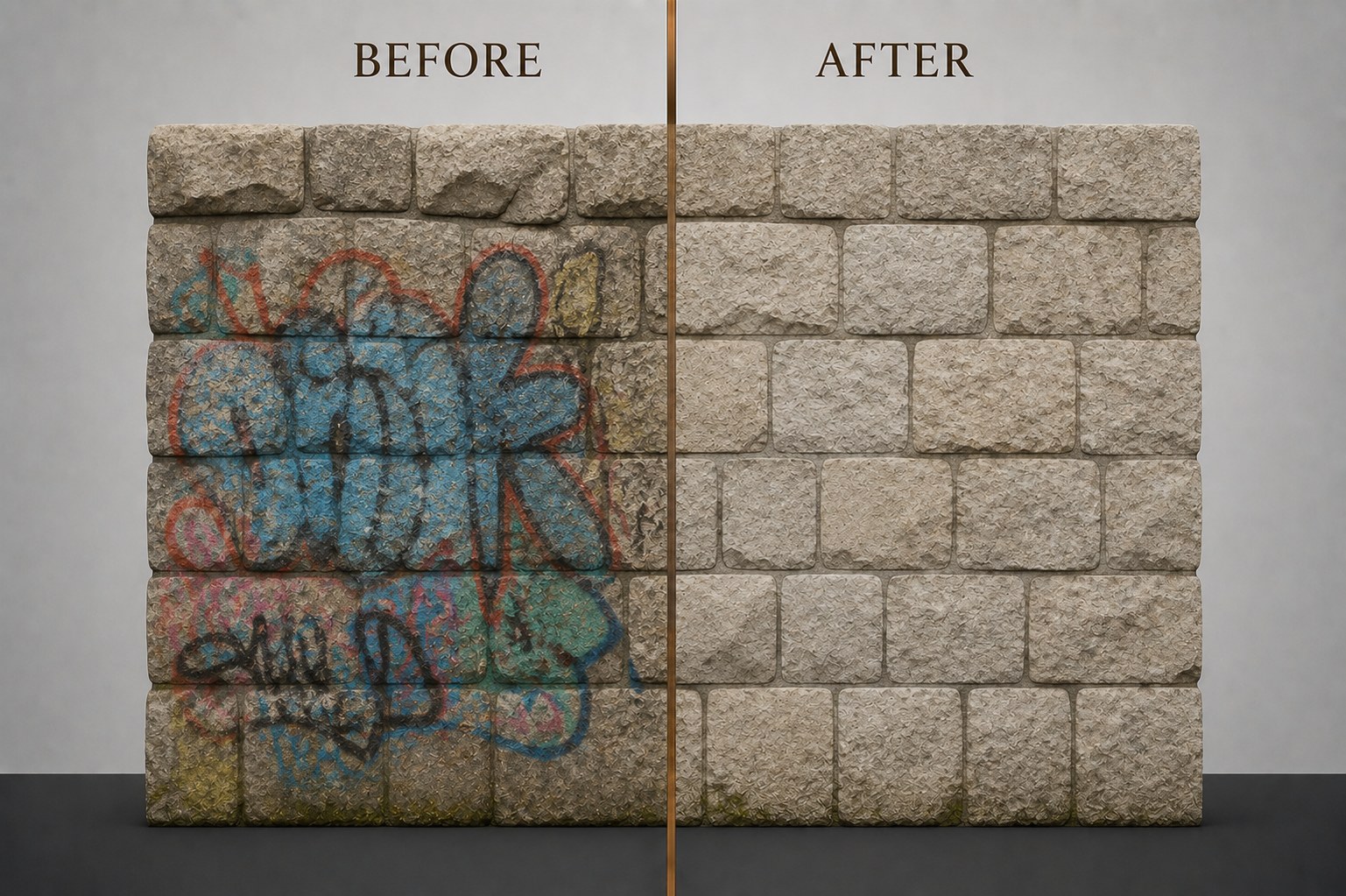Graffiti removal from stone wall before and after laser cleaning