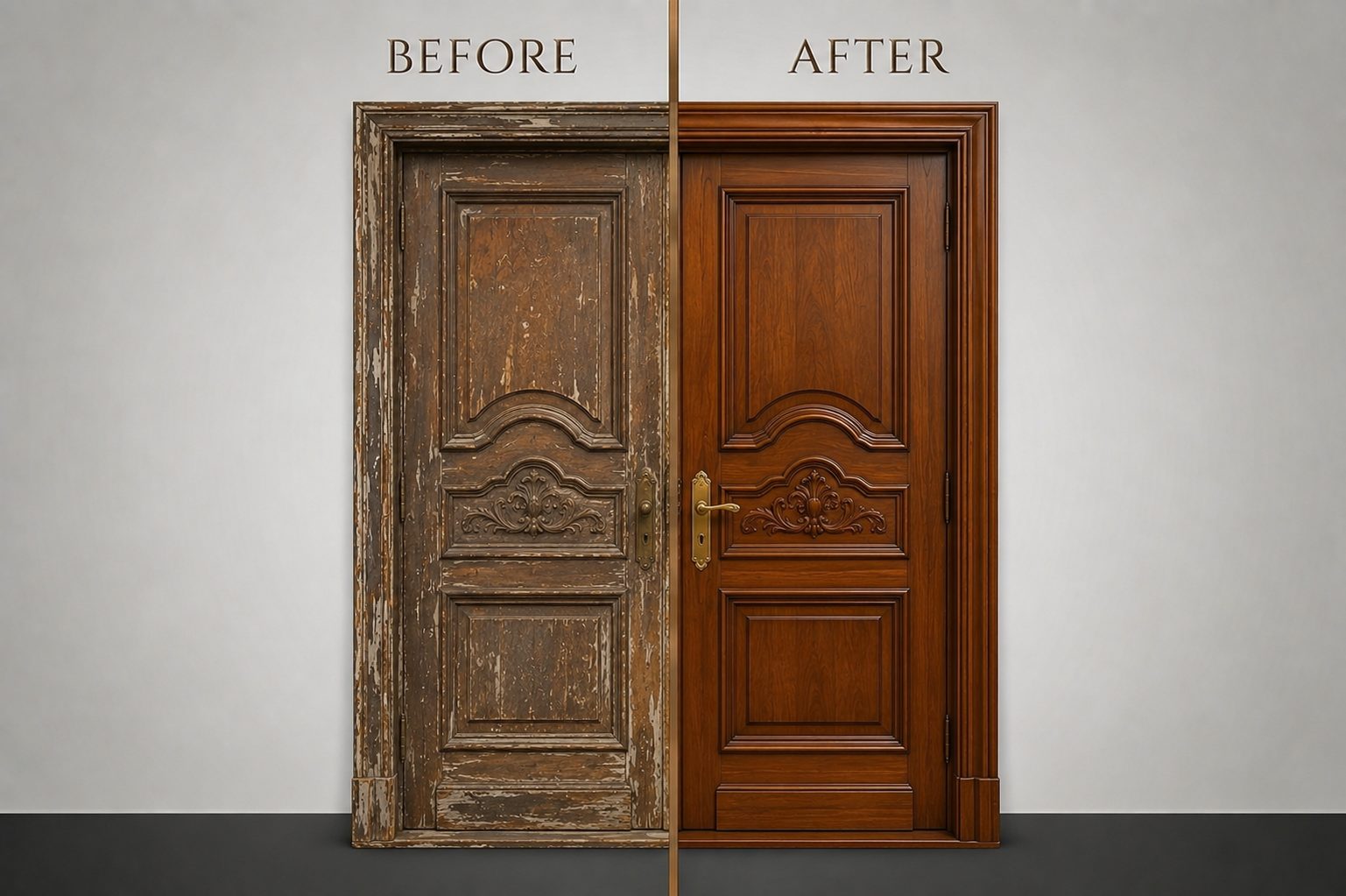 Wooden door before and after laser cleaning