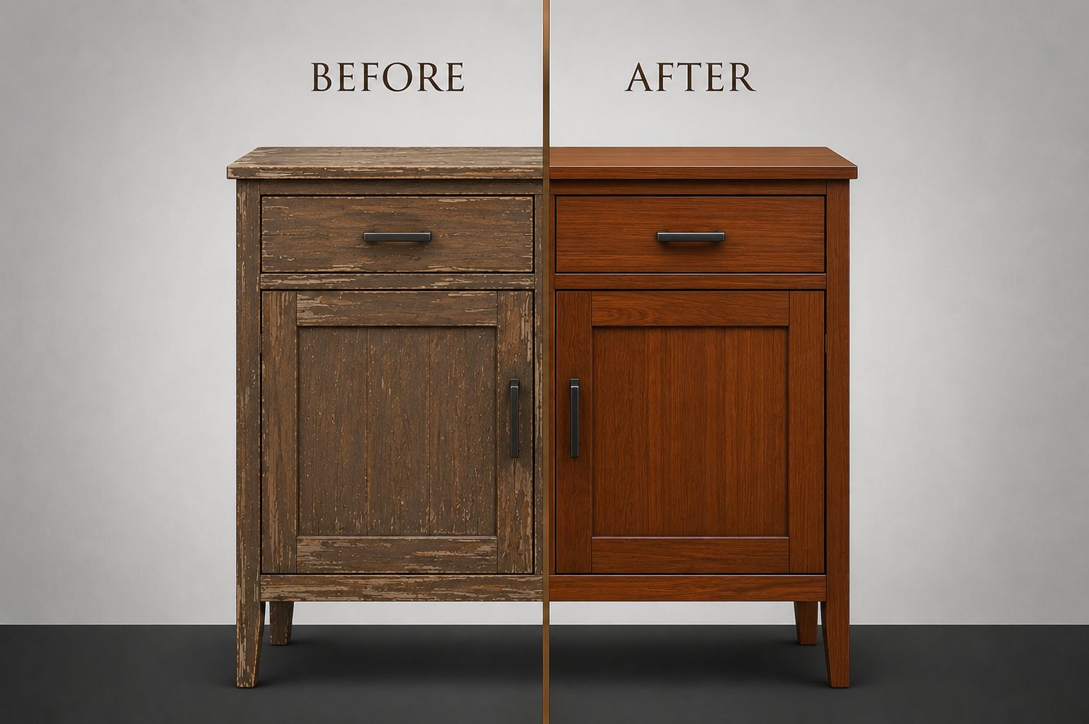 Wood furniture before and after laser cleaning